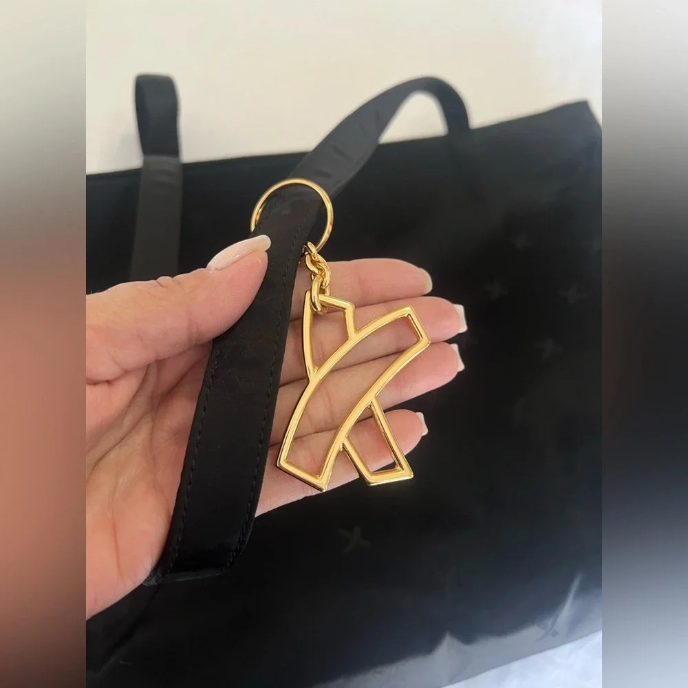 Paloma Picasso | Black Nylon Fabric Travel Work Tote | Gold Bag Charm